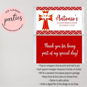 Confirmation Wrappers - Confirmation Favor Labels - Communion Party Gift - Baptism Popcorn Wrapper - Personalized Baptism Popcorn Labels