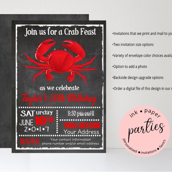 Crab Seafood Feast Shower or Birthday Annual Party Chalkboard Party Invitations Invites ~ We Print and Mail to You