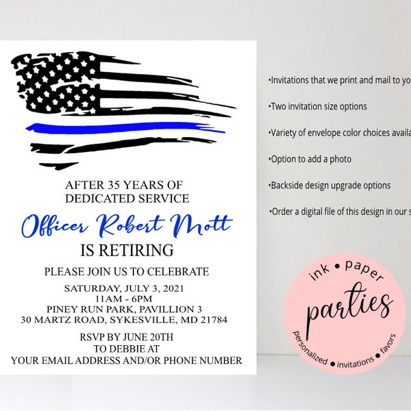 Police Officer Retirement Retired Party Invitations Invites Announcement Personalized ~ We Print and Mail