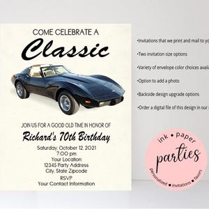 Vintage Classic Retro Car - Birthday Party Invitations - Invites Personalized Custom ~ We Print and Mail to You