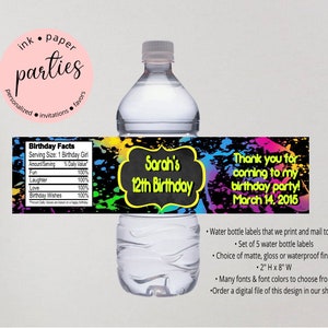 Glow in the Dark Theme Party Neon Birthday Party Favors Water Bottle Labels Wrappers Personalized - We Print & Mail