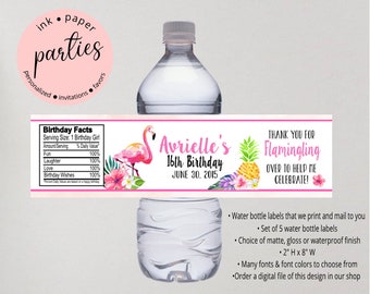 Flamingo Luau Tropical Hibiscus Flowers Shower, Wedding, Birthday Party Favors Favor Water Bottle Labels Wrappers - We Print and Mail