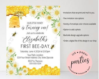 Honeybee Birthday Invitations - Bees & Flowers Birthday Party Invitation - Bee Birthday Party Invite - Bee, Daisies Party Invitation