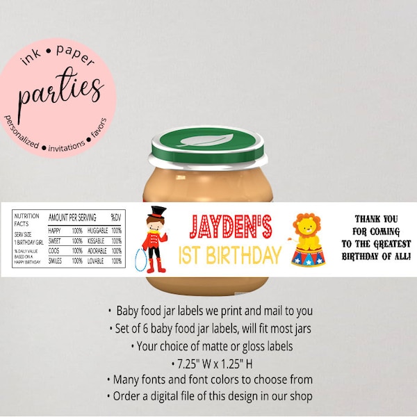 Circus Carnival Birthday Baby Food Jar Labels Party Favors Personalized Custom - We Print and Mail to you!