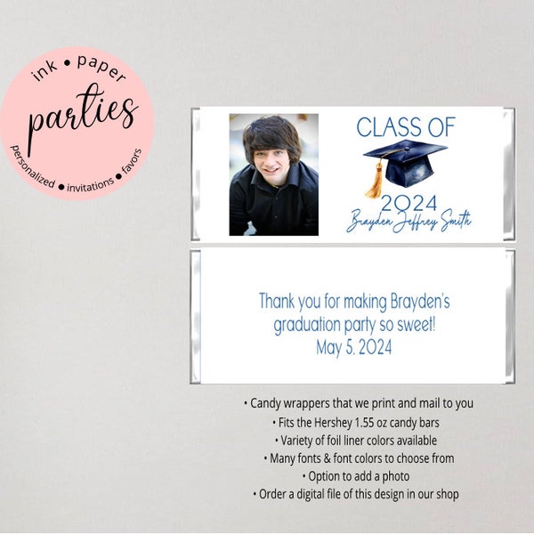 Graduation Graduate - Your Photo - Any Color - Chocolate Candy Bar Wrappers - Party Favors - Personalized Custom Design ~ We Print and Mail