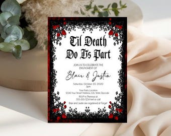 Gothic Wedding Invitation - Red Roses Bridal Shower Invitations - Til Death Do Us Part Shower Invitation - Flowers Wedding Invitation