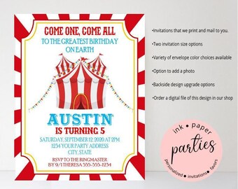 Faire-part d'anniversaire cirque - Faire-parts d'anniversaire de carnaval - Faire-parts de fête sous chapiteau de cirque - Faire-parts de fête de carnaval de cirque personnalisés