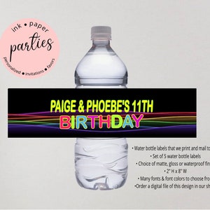 Glow in the Dark Theme Party Neon Birthday Party Favors Water Bottle Labels Wrappers Personalized - We Print & Mail