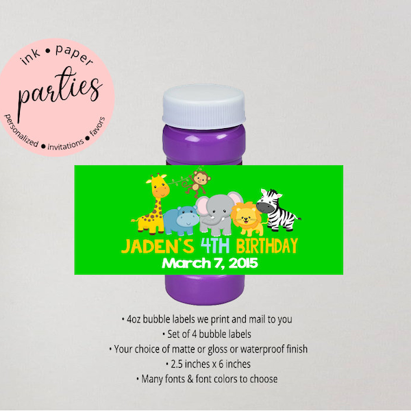 Zoo Jungle Elephant Monkey Lion Zebra Birthday Party  Bubble Labels Wrappers Favors Favor - We Print & Mail to You! -