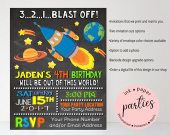 Outer Space Rocket Ship Spaceship Planets Stars Outerspace Birthday Party Chalkboard Invitations Invites ~ We Print and Mail to You