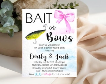 May include: A rectangular gender reveal party invitation card featuring the text Bait or Bows, a yellow and black fishing lure, and a pink watercolor bow. The card includes event details for Emily and Jack on Saturday, July 15, 2015, at 5:00pm.