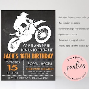 May include: Black and white birthday invitation featuring a motocross rider silhouetted on a motorcycle. The invitation includes the text "Grip it and Rip it!" and details for Jack's 16th birthday, including date, time, and location.