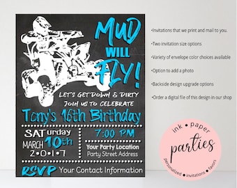 Four 4 Wheeler ATV Quad Chalkboard Birthday Party Invitations Invites Personalized Custom ~ We Print and Mail to You