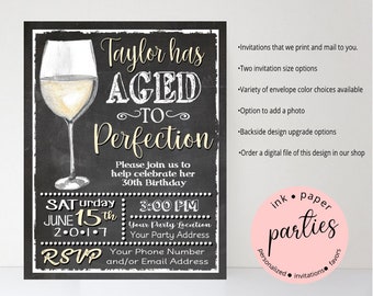 Red Wine Glass "Aged to Perfection" Chalkboard Birthday  Party Invitations Invites Personalized Custom ~ We Print and Mail to You