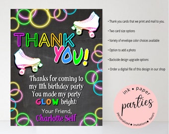 Glow Neon Skating Roller Skate Skates Birthday Party Thank You Note Cards ~ We Print and Mail to You