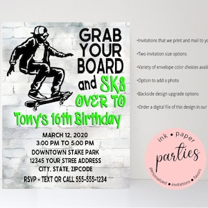 Skateboard Skateboarding Skateboarder Skater - Birthday Party Invitations - Personalized Invites ~ We Print and Mail