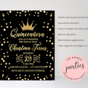 Quinceanera Mis Quince 15th Tiara Gold Crown Confetti Birthday Party Invitations Invites Announcement Personalized