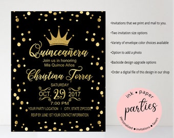 Quinceanera Mis Quince 15th Tiara Gold Crown Confetti Birthday Party Invitations Invites Announcement Personalized