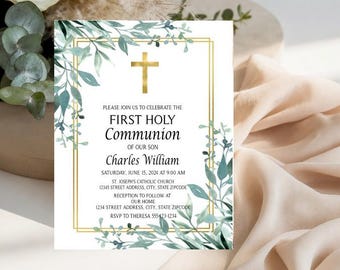 Invitaciones de Primera Comunión - Invitación para fiesta con cruz y vegetación - Invitación de Bautismo - Invitaciones de Confirmación - Invitaciones de Bautizo