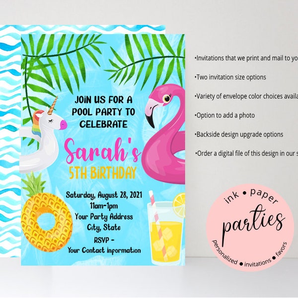 Pool Toys Floats Flamingo Beach Ball Swim Swimming Birthday Party Invitations Invites ~ We Print and Mail to You