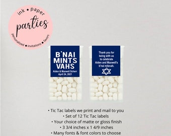 B'nai Bar Bat Mitzvah Star of David Torah ~Any Color Background ~ Birthday Party Tic Tac Candy Mints Mint Labels Favor Favors Personalized