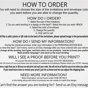 a collection of various invitations and envelopes, with a focus on the process of ordering them.