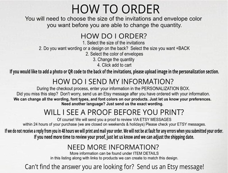 a collection of various invitations and envelopes, with a focus on the process of ordering them.
