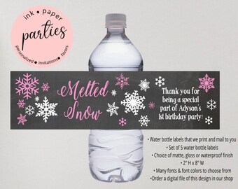 Winter Wonderland ONEDER-LAND "Melted Snow" Snowflakes Holiday or Birthday Party Favors Favor Water Bottle Labels Wrappers