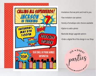 Superhero Hero Comic Book Birthday Party Invitations Invites Personalized Custom ~ We Print and Mail to You