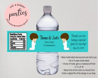 First Holy Communion Twin Twins Boy Boys ~ ANY COLOR ~ Party Favors Favor Water Bottle Labels Wrappers Personalized Custom