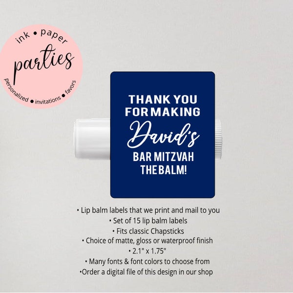 Bar Mitzvah - ANY COLOR - Party Lip Balm Labels Favor Favors Personalized Custom Design - We Print and Mail