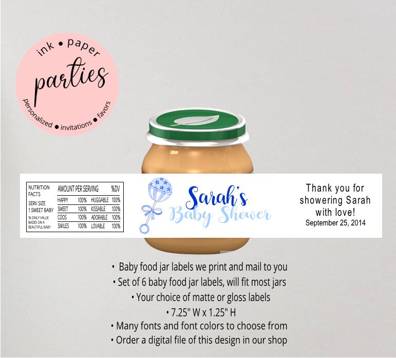 Rattle Baby Shower Gender Reveal Sprinkle Baby Food Jar Labels Party Favors Personalized Custom - We Print and Mail to you!
