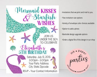 Mermaid Tails Invitation - Under the Sea Ocean Birthday Party Invitations - Personalized Mermaid Tail Invites ~ We Print and Mail to You