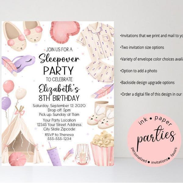 Sleepover Birthday Invitation - Slumber Party Invitations - Pajama Party Invitation -Glamping Tent Birthday Sleepover Party Invitations