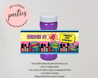 Superhero Super Hero Birthday Party  Bubble Labels Wrappers Favors Favor - We Print & Mail to You! -