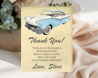 Tarjetas de agradecimiento personalizadas para fiestas de cumpleaños con diseño de autos clásicos vintage ~ Las imprimimos y enviamos por correo.