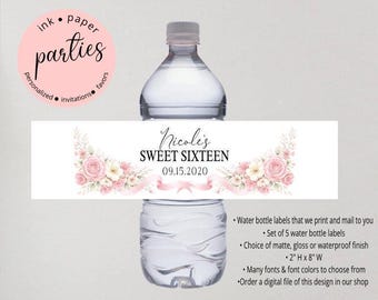 Sweet Sixteen Water Bottle Labels - Sweet 16 Favors - Birthday Water Bottle Favors - Quinceanera Water Bottle Labels - Birthday Labels Favor