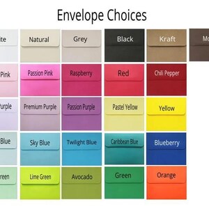 a collection of envelope color choices, including pastel shades such as white, natural, grey, black, Kraft, mocha, pastel pink, raspberry, red, chili pepper, passion purple, premium purple, passion yellow, yellow, pastel blue, twilight blue, tropical blue, blueberry, lime green, avocado, green, and orange.