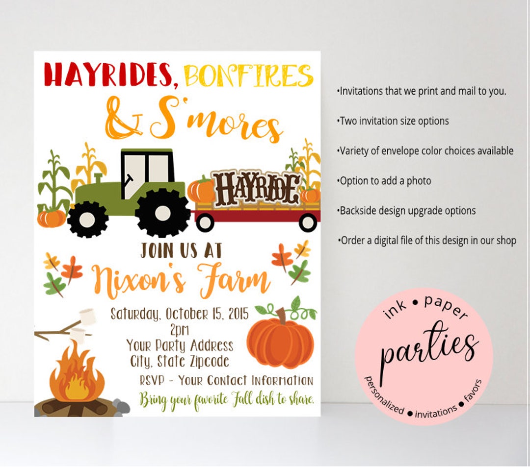 fall-fest-hayrides-bonfire-s-mores-pumpkin-fall-autumn-party-invitations-invites-personalized-custom-design-we-print-and-mail-to-you-etsy