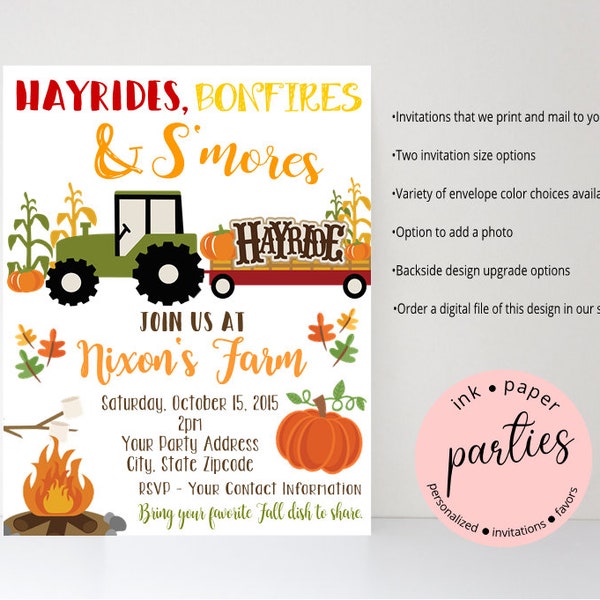 Fall Fest Hayrides, Bonfire, S'mores Pumpkin Fall Autumn Party Invitations Invites Personalized Custom Design ~ We Print and Mail to You