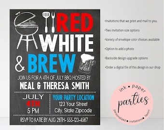 Red White & Brew Invitation - July 4th BBQ Invitations - Personalized July Fourth Invitations - Birthday Party, Holiday Party Invitations