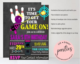 Bowling Laser Tag Arcade Games Sports Chalkboard Birthday Party Invitations Invites Personalized Custom ~ We Print and Mail to You