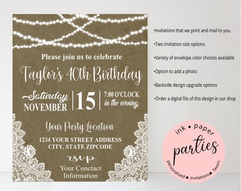 String Lights Country Rustic lace Kraft Shower, Wedding, Dinner, Birthday Party Invitations Invites Personalized ~ We Print and Mail to You
