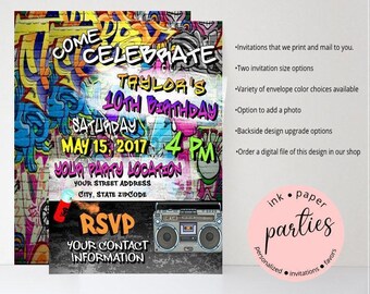 Graffiti Hip Hop Rap, peinture en aérosol rétro des années 80, invitations de fête d'anniversaire, invitations personnalisées, impression et livraison par la poste