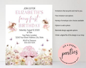 May include: A pink and white fairy-themed birthday invitation with the text "Elizabeth's fairy first birthday". The invitation includes illustrations of fairies, flowers, and a mushroom. The invitation also includes the date, time, and location of the party.
