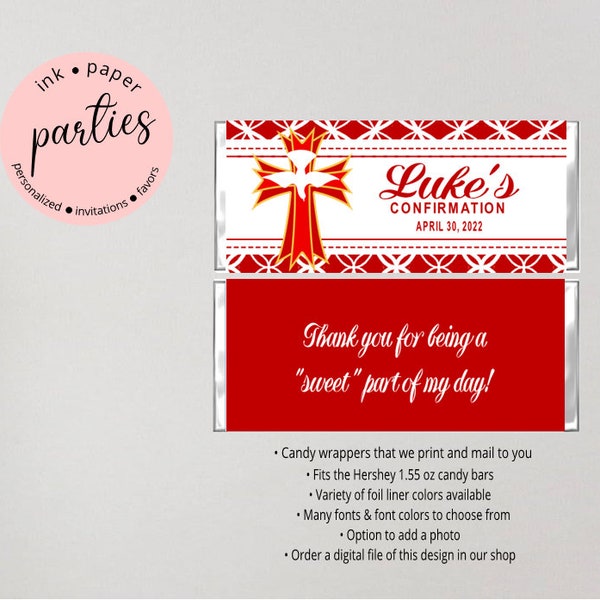 Confirmation Religious Party Candy Wrappers Favors Personalized Custom Design ~ We Print and Mail to You