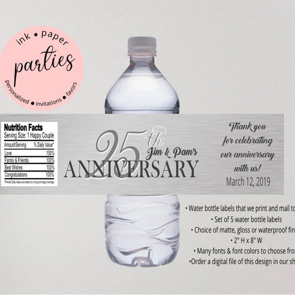 25th Wedding Anniversary Silver Party Favors Favor Water Bottle Labels Wrappers Personalized Custom Design - We Print and Mail to you!