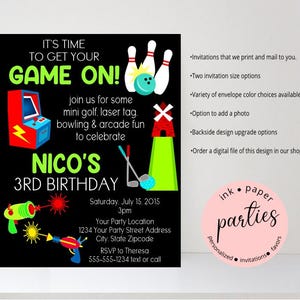 Bowling, Mini Golf, Laser Tag, Arcade, Sports Invitation - Cosmic Golfing, Arcade Games Birthday Party Invitations- Personalized Invitations