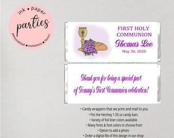 First Communion Chalice  Party Candy Wrappers Favors Personalized Custom ~ We Print and Mail to You