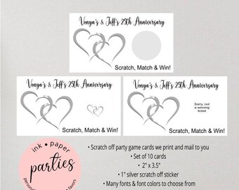Two Silver Hearts 25th Wedding Anniversary Party Scratch Off Tickets Cards Favor Favors Game - We Print and Mail to you!
